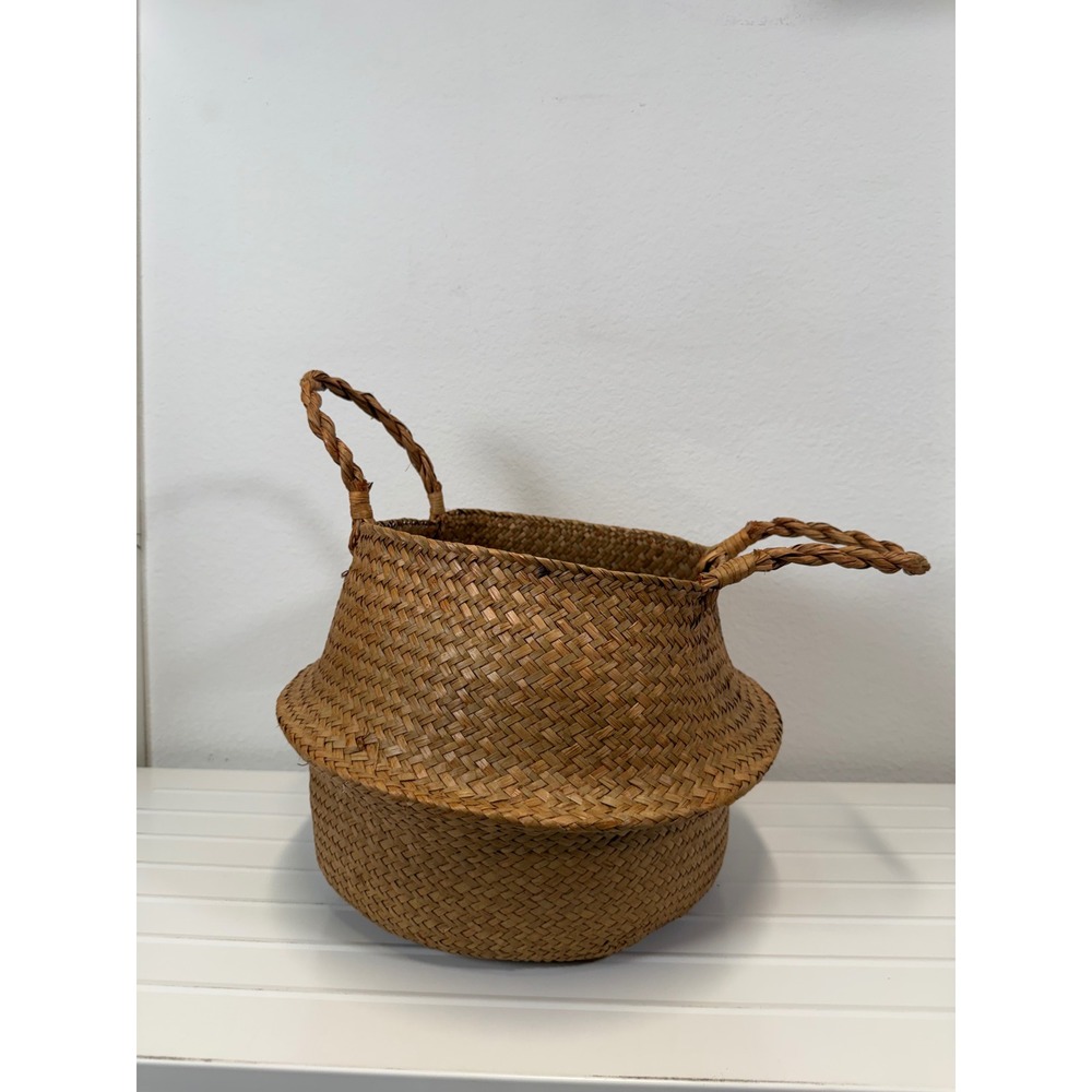 Natural Woven Seagrass Belly Basket Collapsible Planter Storage with Handles